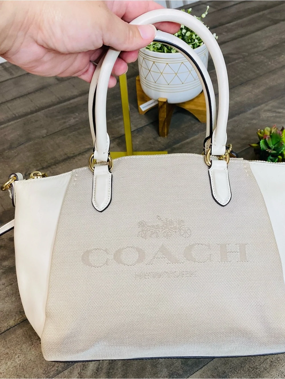 COACH Elise Satchel Horse & Carriage Jacquard Canvas White Leather Crossbody Bag